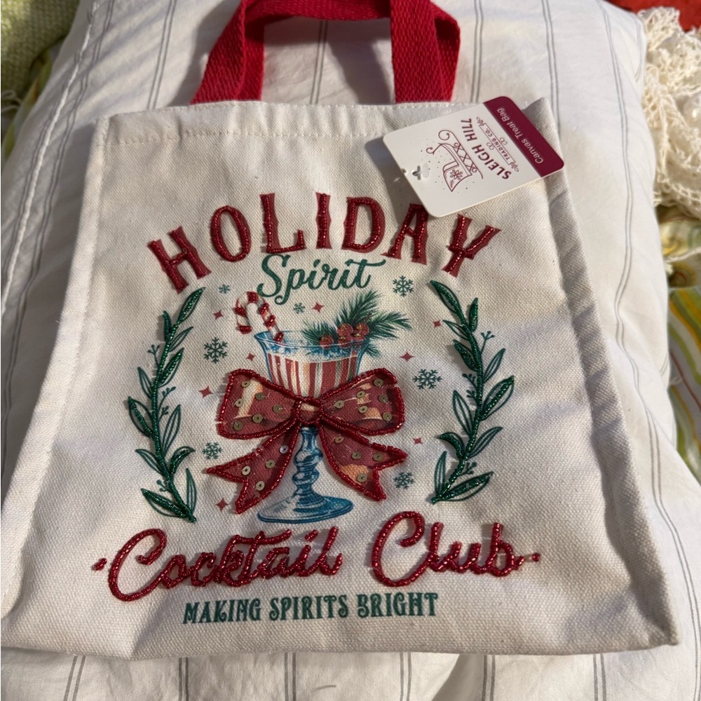 Holiday Spirit Tote Bag with Red Handles